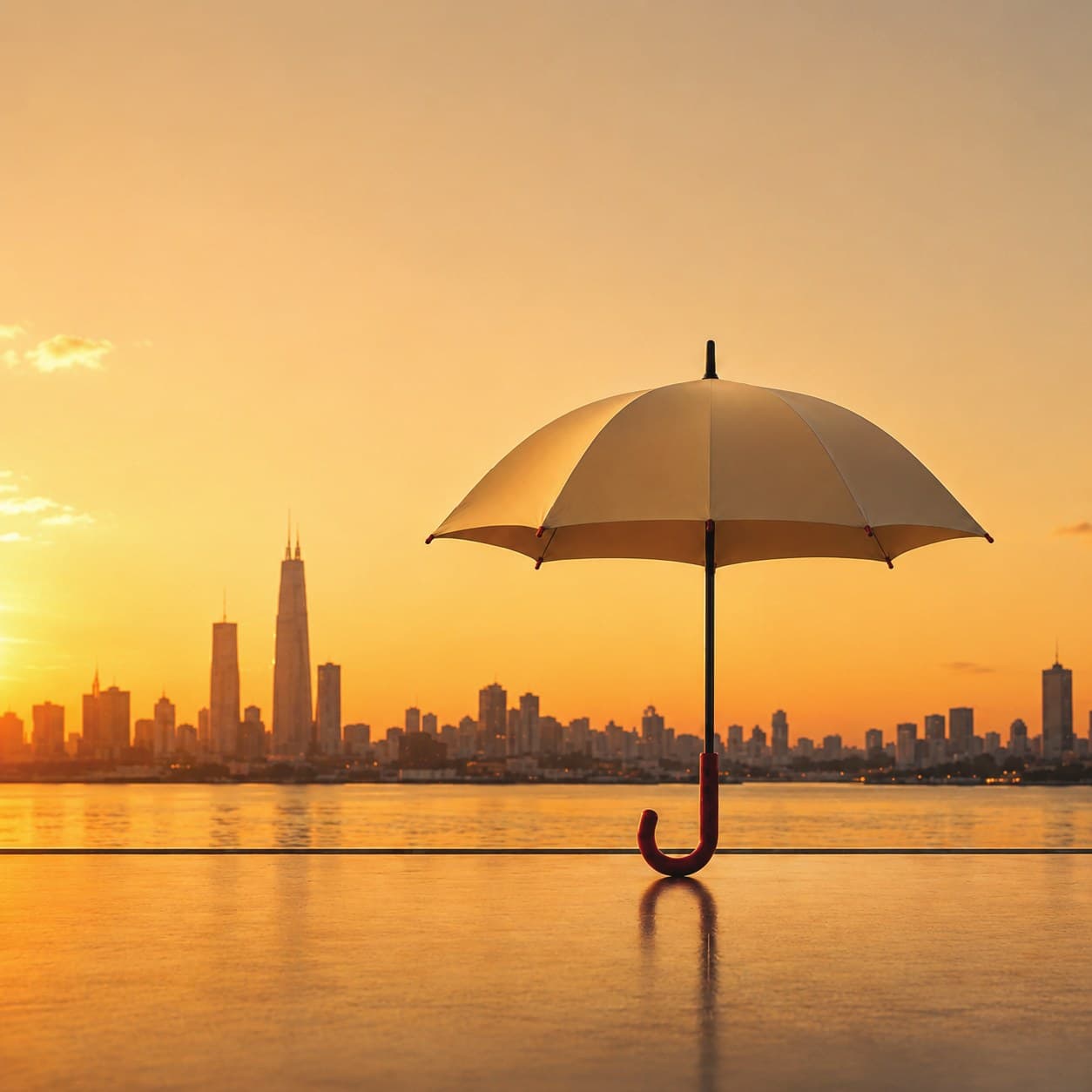 A white umbrella standing over still water in front of a city skyline at sunset